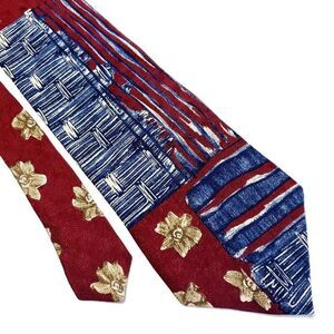 Accents Isaac Zelcer Red Blue Abstract Floral Jaquard Print Short Wide Silk Tie‎